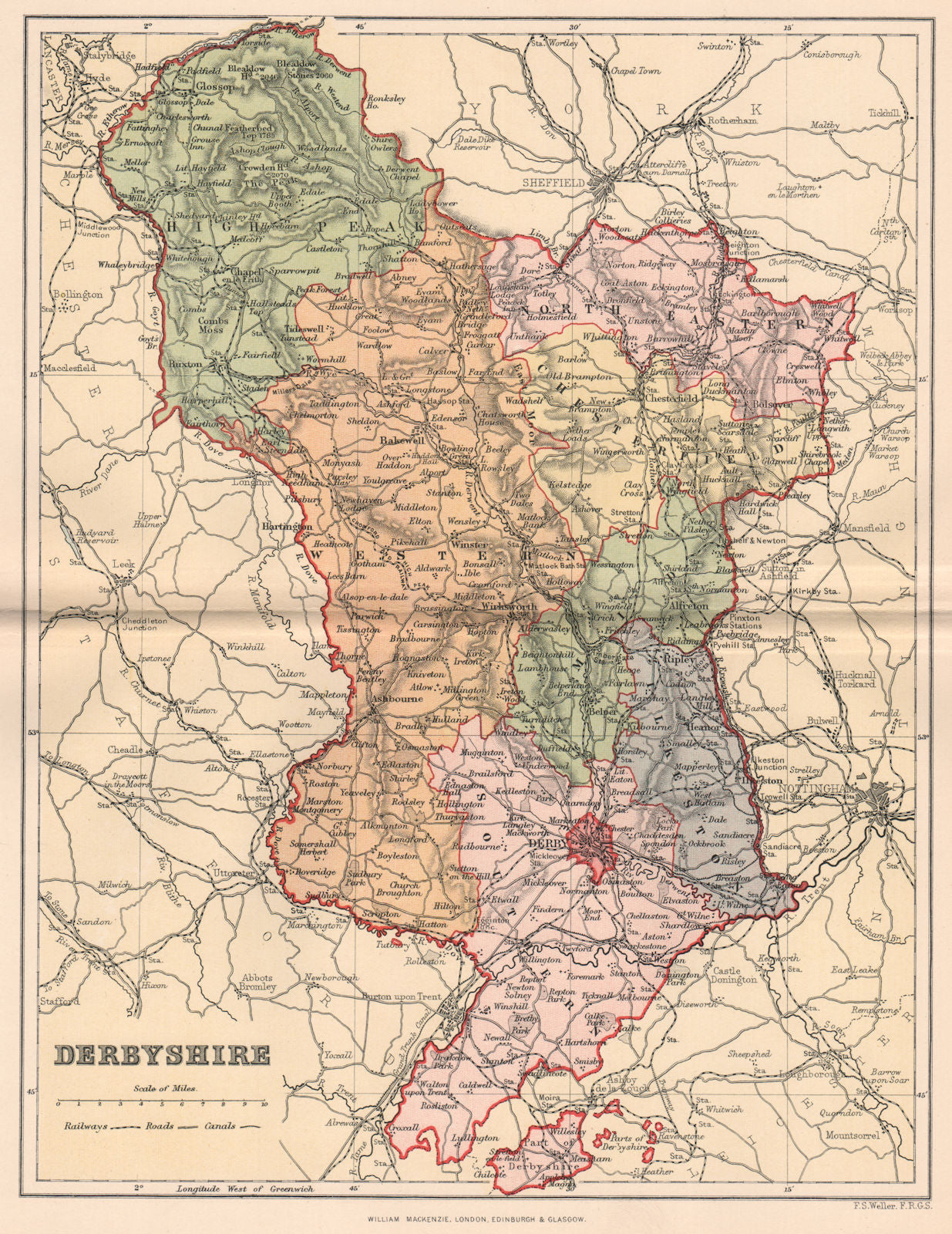 DERBYSHIRE . Antique county map 1893 old vintage plan chart